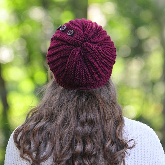 Handmade Burgundy Hat with Buttons, Crochet Toque Made in Canada - Picture 3 of 3